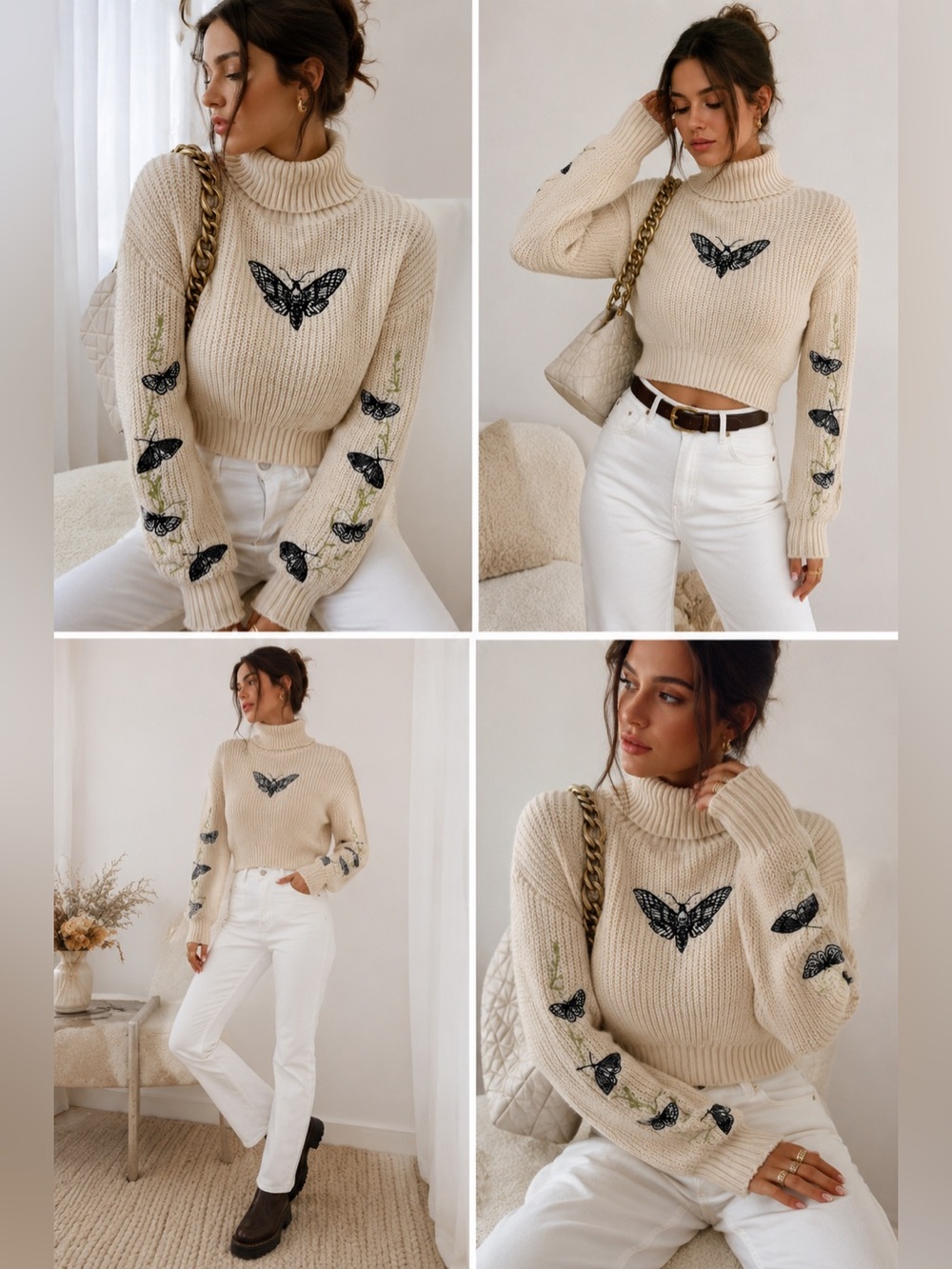 Goth Moth Embroidered Cropped Turtleneck Sweater Whimsigoth Fairy Grunge Sz S